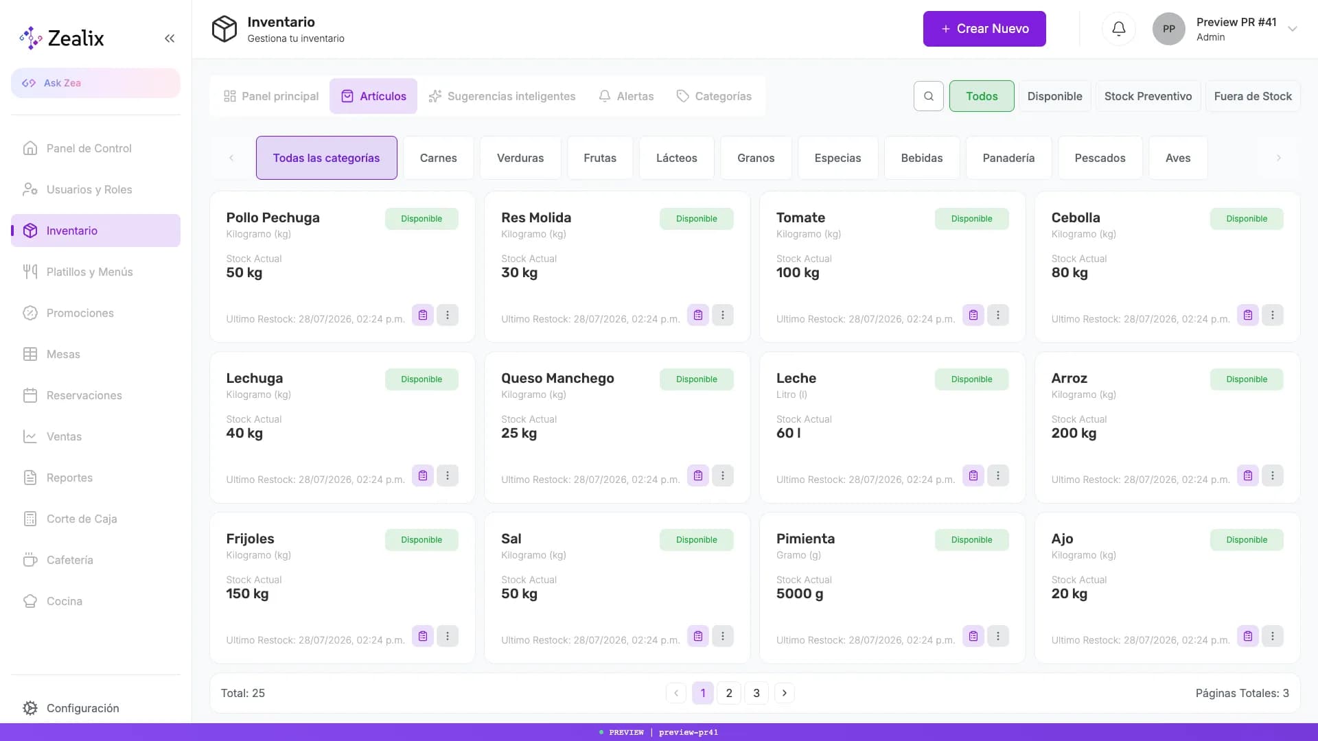 Panel de inventario de Zealix con totales de artículos, categorías y niveles críticos