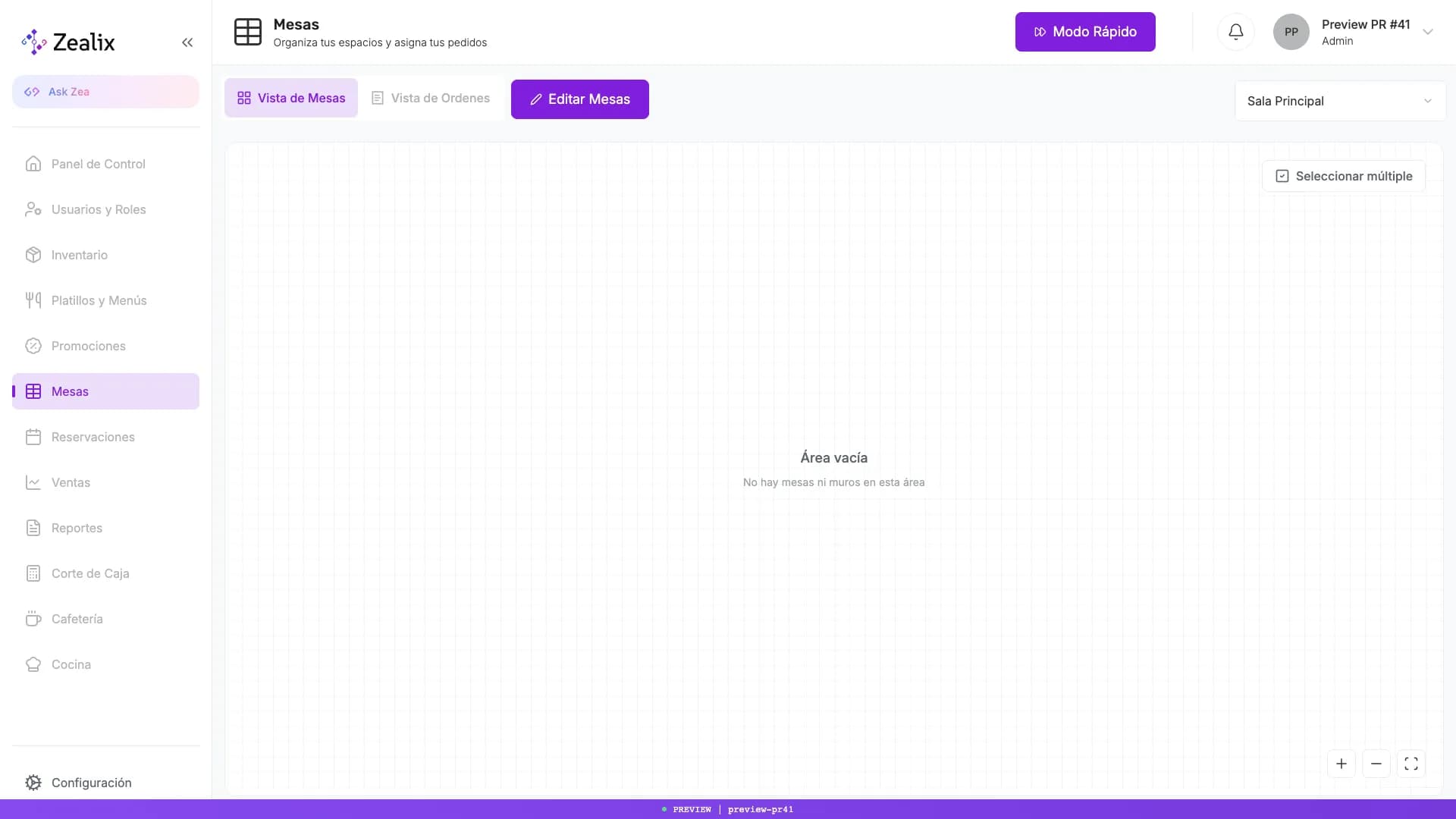 Vista de mesas de Zealix con áreas, mesas disponibles y mesas con órdenes activas